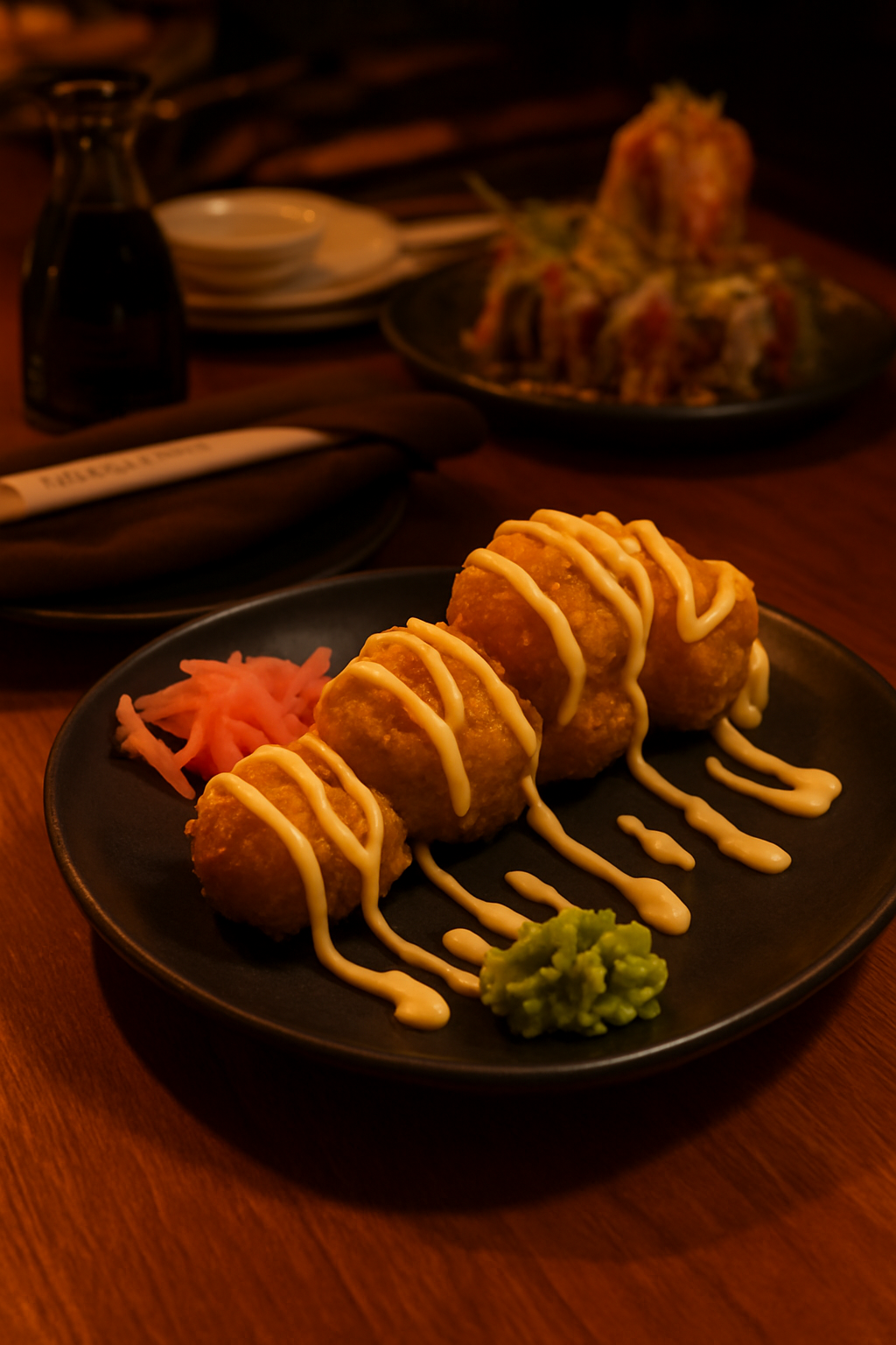 Fireroom sushi roll with fresh fish, rice, and elegant presentation